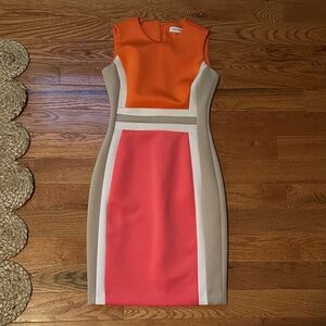 Calvin Klein Orange and Coral Colorblock Midi Sheath Dress